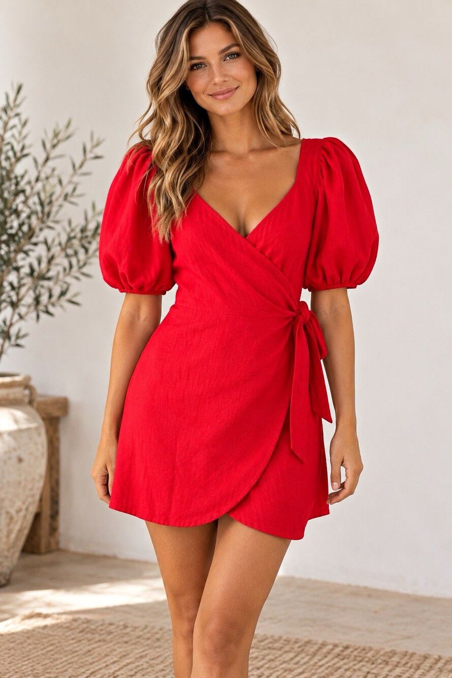 Abercrombie & Fitch Red Linen Cotton Wrap Mini Dress Puff Sleeve Size Small